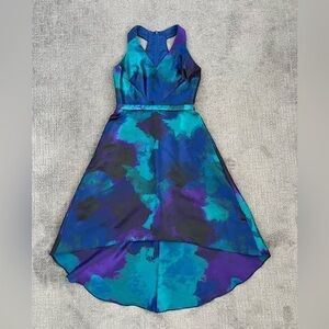 Theia Purple Abstract High Low Satin Gown